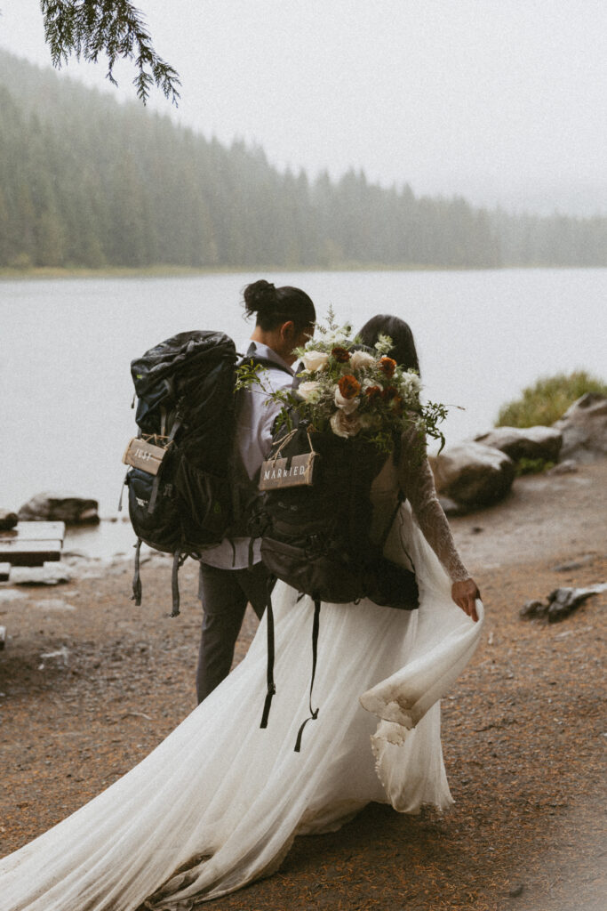 bride and groom elope in bc by an alpine lake
