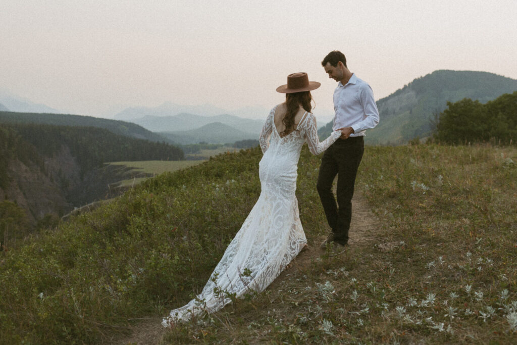 Romantic boho bride and groom Alberta elopement photo