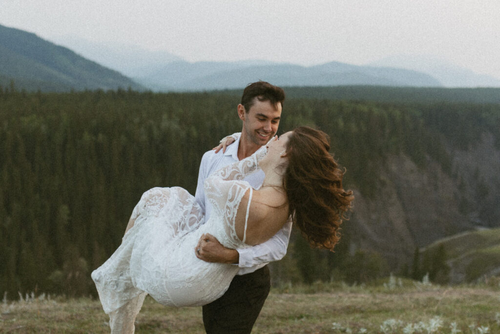 Romantic boho bride and groom Alberta elopement photo