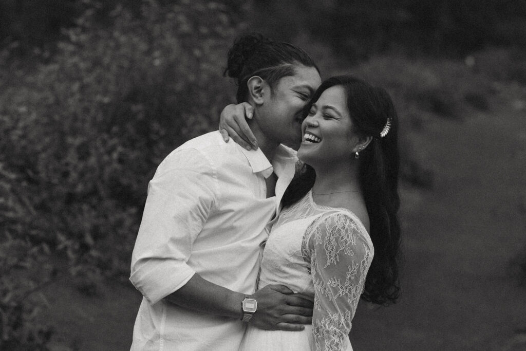 black and white bride and groom adventure elopement portrait in british columbia