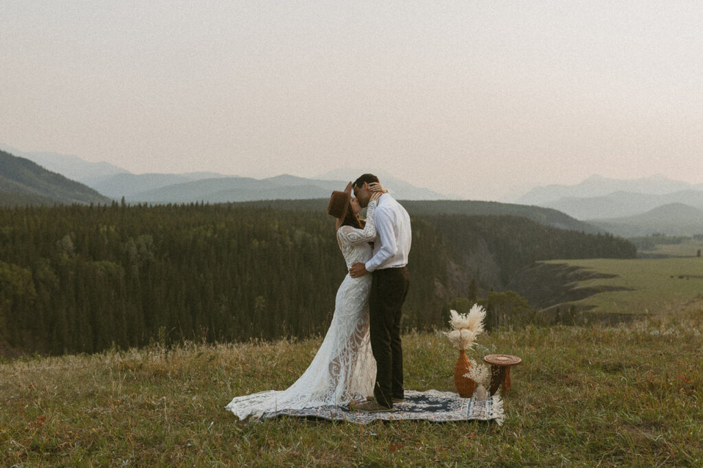 boho bride and groom adventure elopement in Fernie