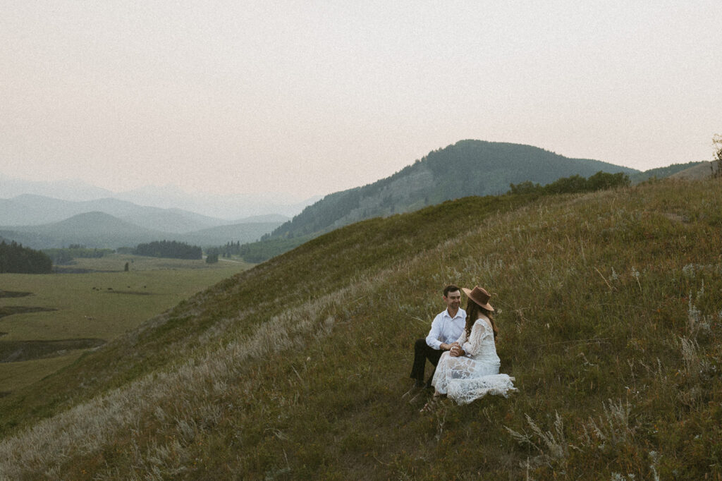 boho bride and groom adventure elopement in Fernie