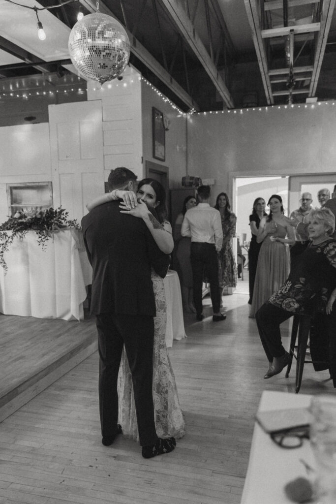 first dance at wedding reception at fernie distillers