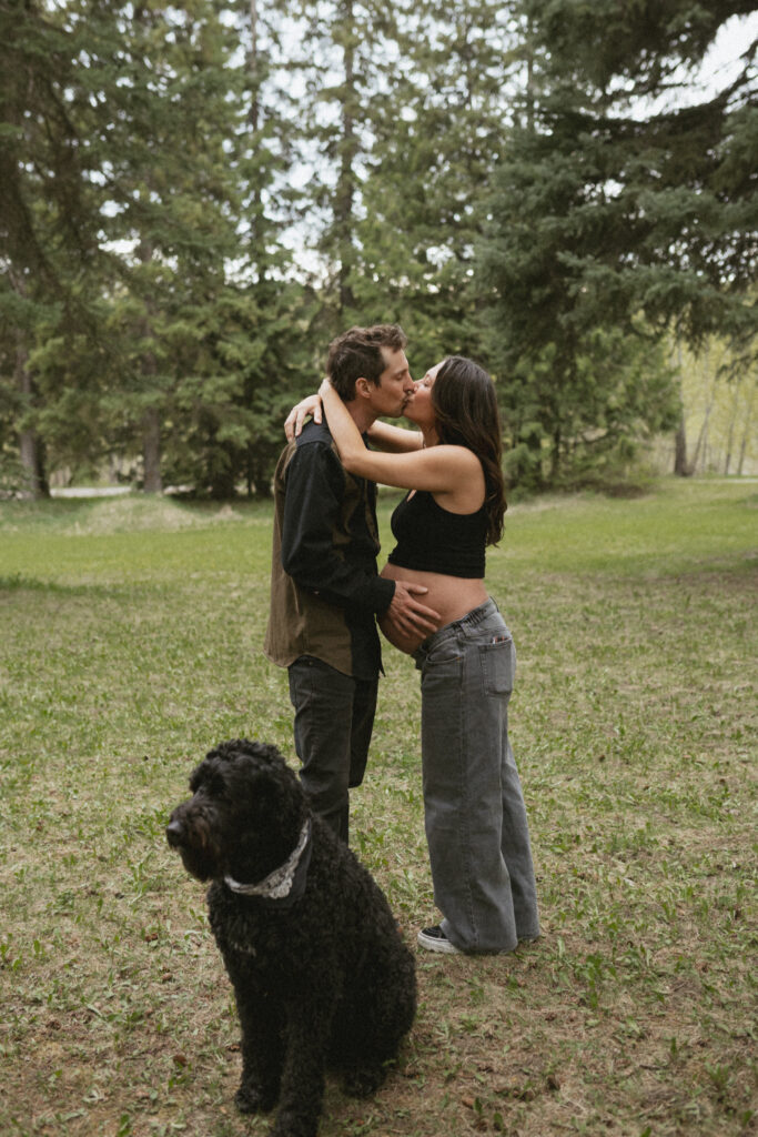 Banjo, their dog, looking out at the view, slightly out of focus, with Ang and Caleb going in for a kiss in the background