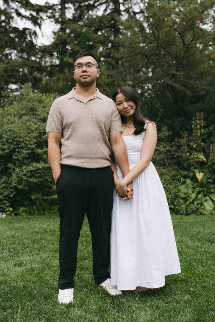 Lisa resting her head on Peter’s shoulder during their Calgary engagement session, Alberta wedding photographer capturing real and imperfect love.