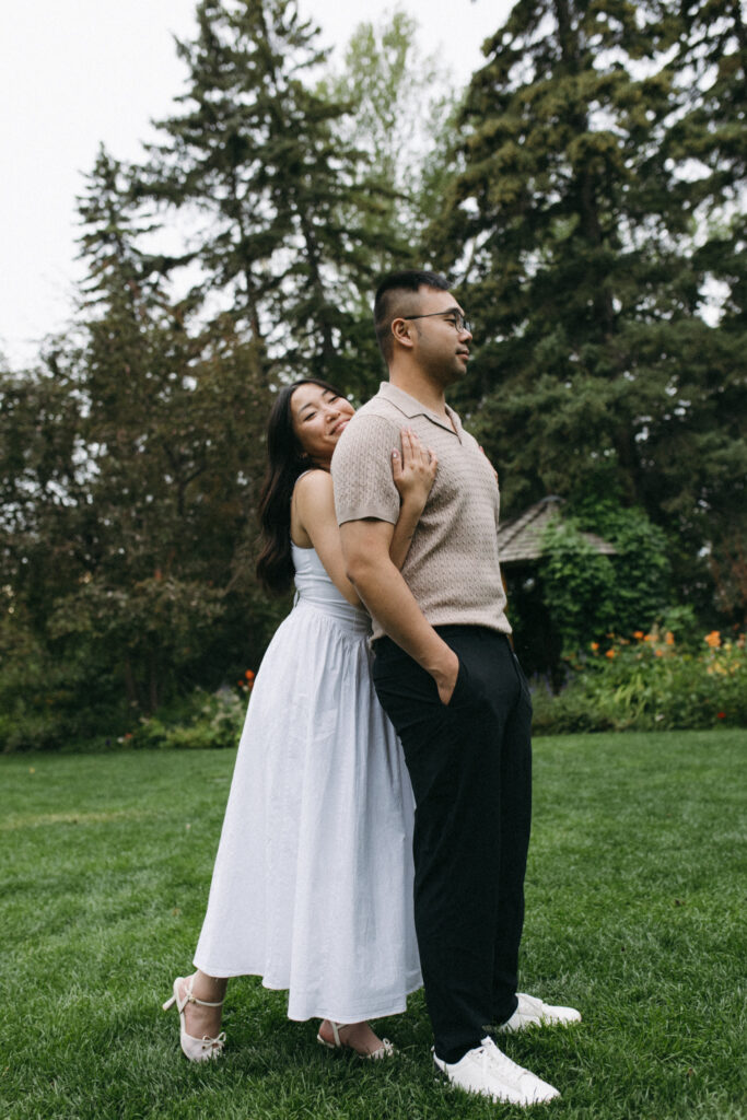 Romantic portrait of Lisa and Peter at sunset in Reader Rock Garden, Calgary engagement session by Alberta wedding photographer.