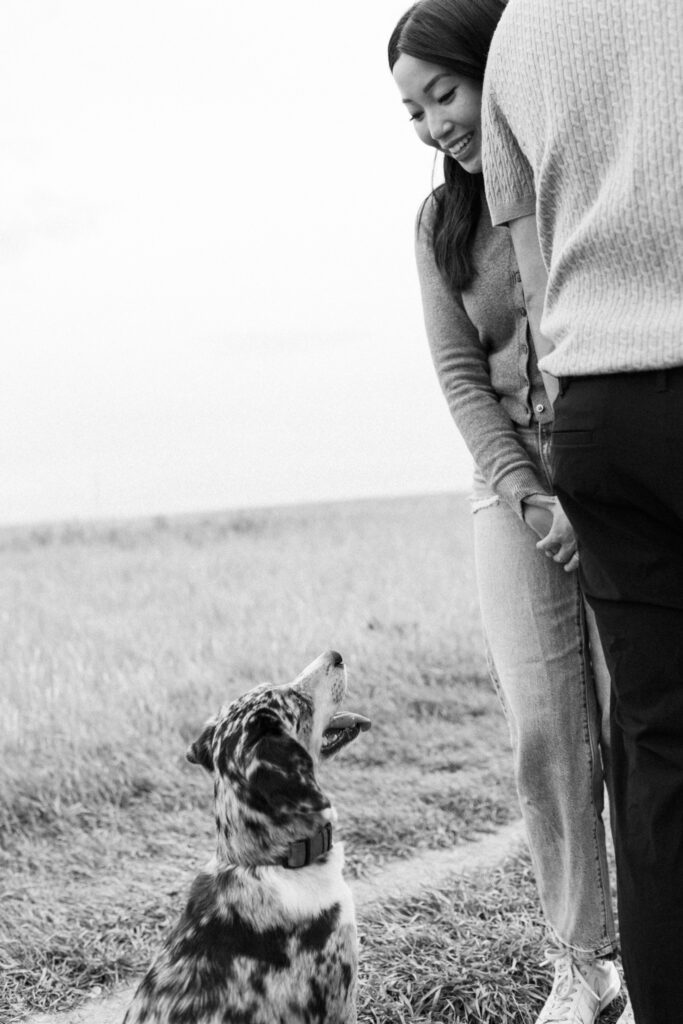 Scout looking up at Lisa and Peter during their Calgary engagement session.
