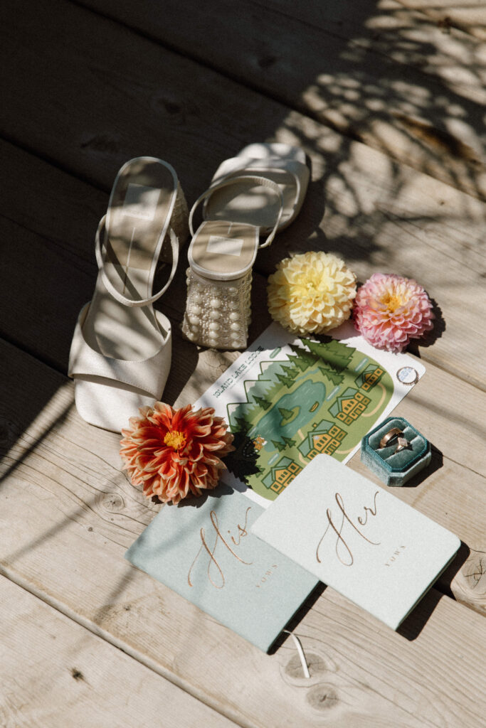 Wedding invitations and stationery designed by the bride, photographed flat lay